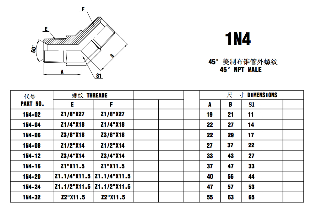 1N4 45&deg;NPT 外螺紋彎頭管件供應商