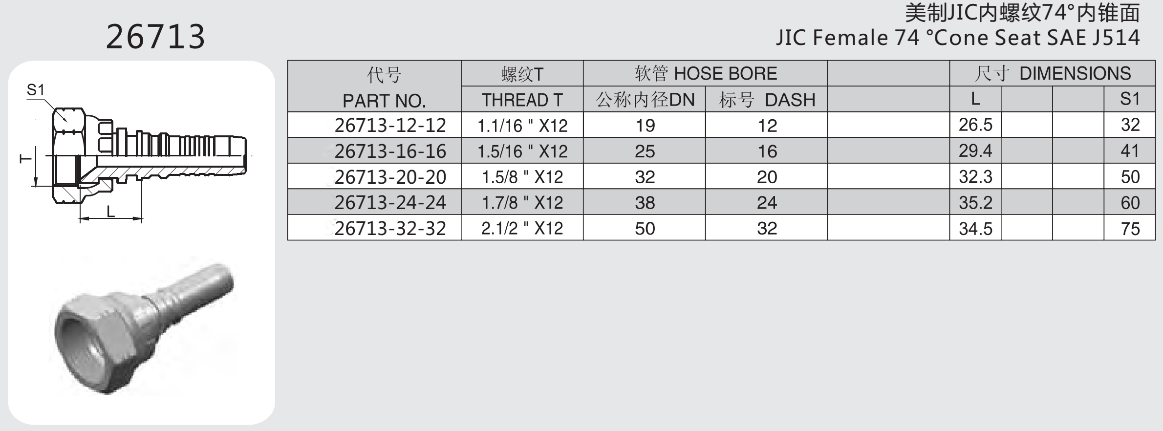 26713 JIC FEMALE 74°CONE SEAT SAE J514 interlock hydraulic hose fitting ...